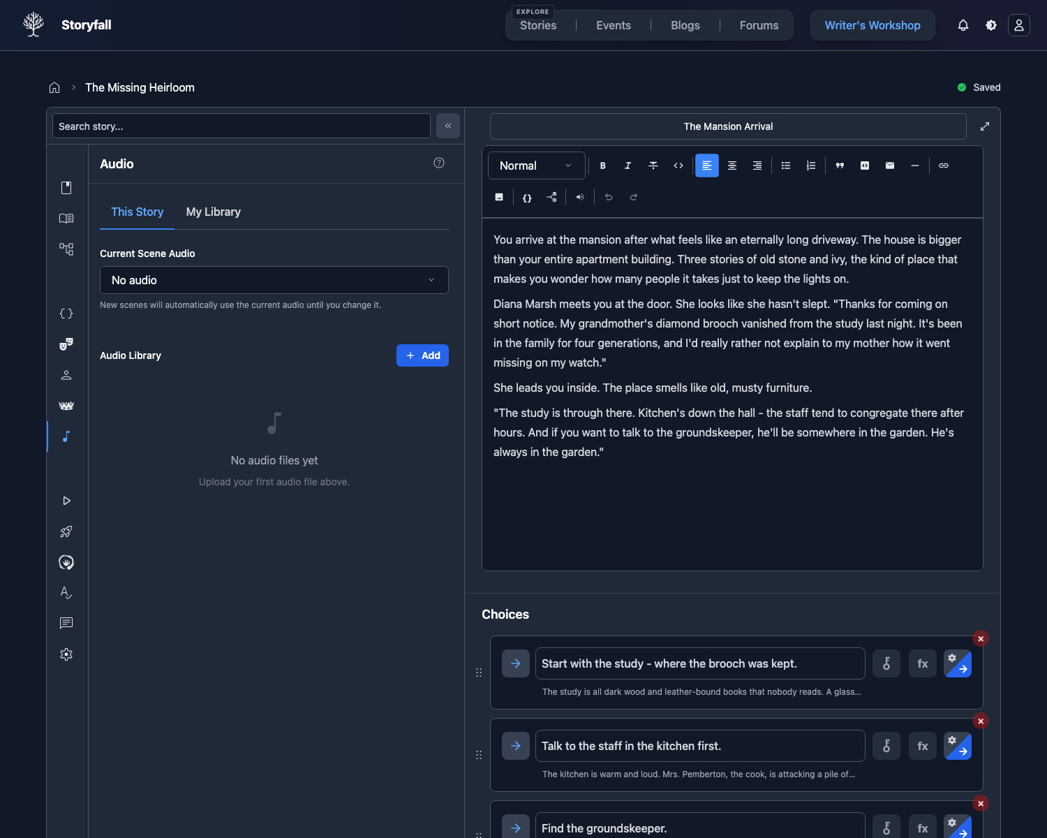 Audio panel with upload flow in full-height sidebar view