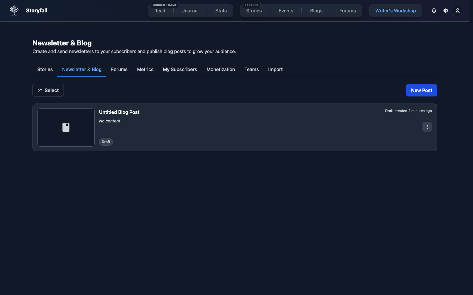 Newsletter and Blog tab in Workshop with New Post button