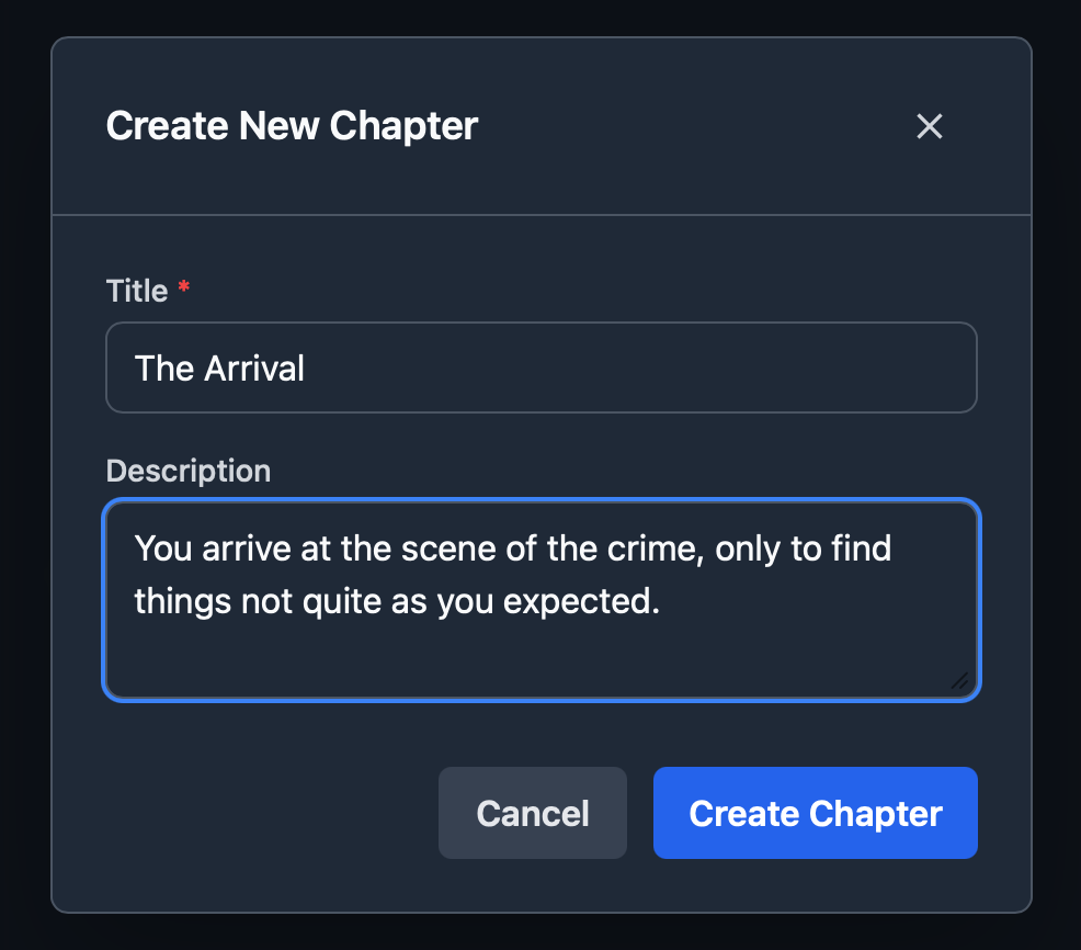 Create New Chapter modal with title and description fields