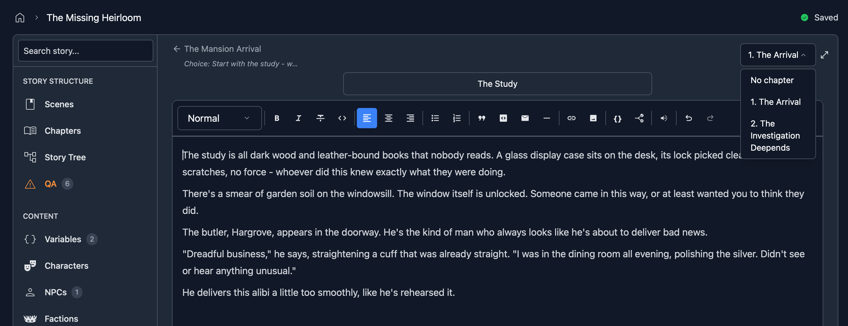 Scene editor toolbar showing the chapter selector dropdown