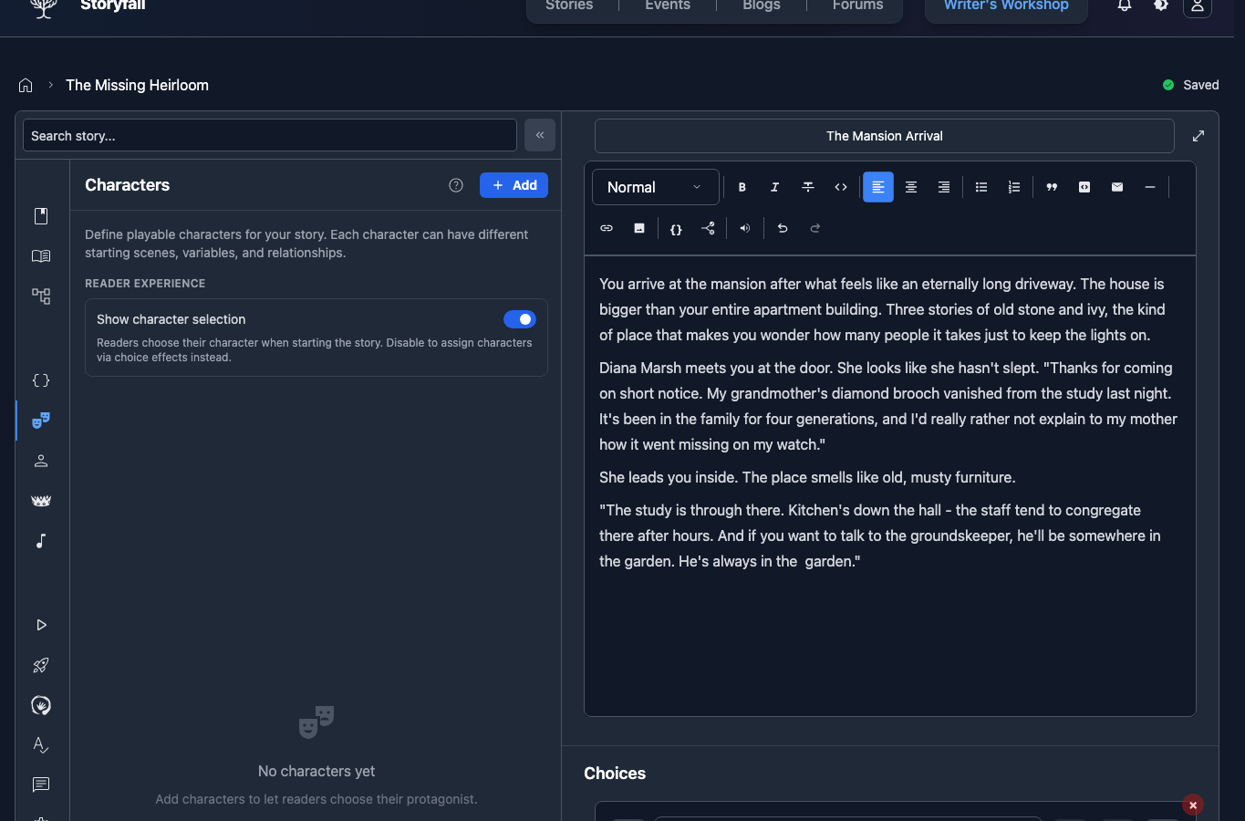 Characters panel in the Workshop editor