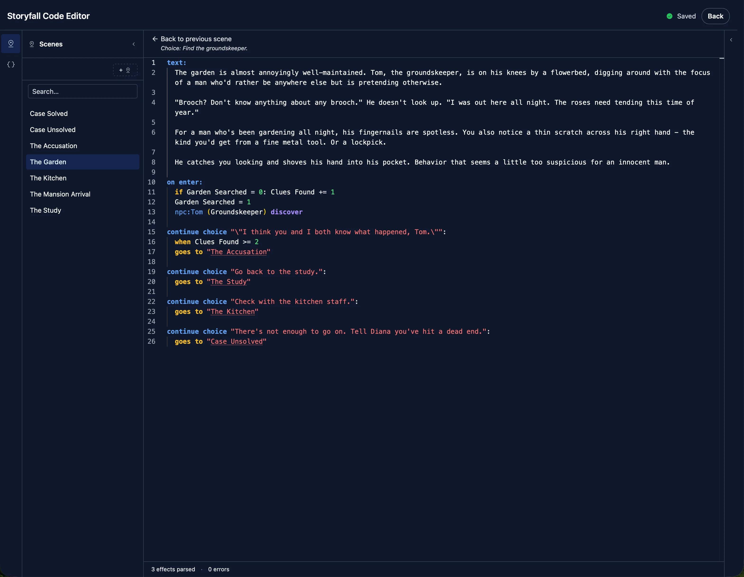 The Storyfall code editor with scene script syntax highlighting