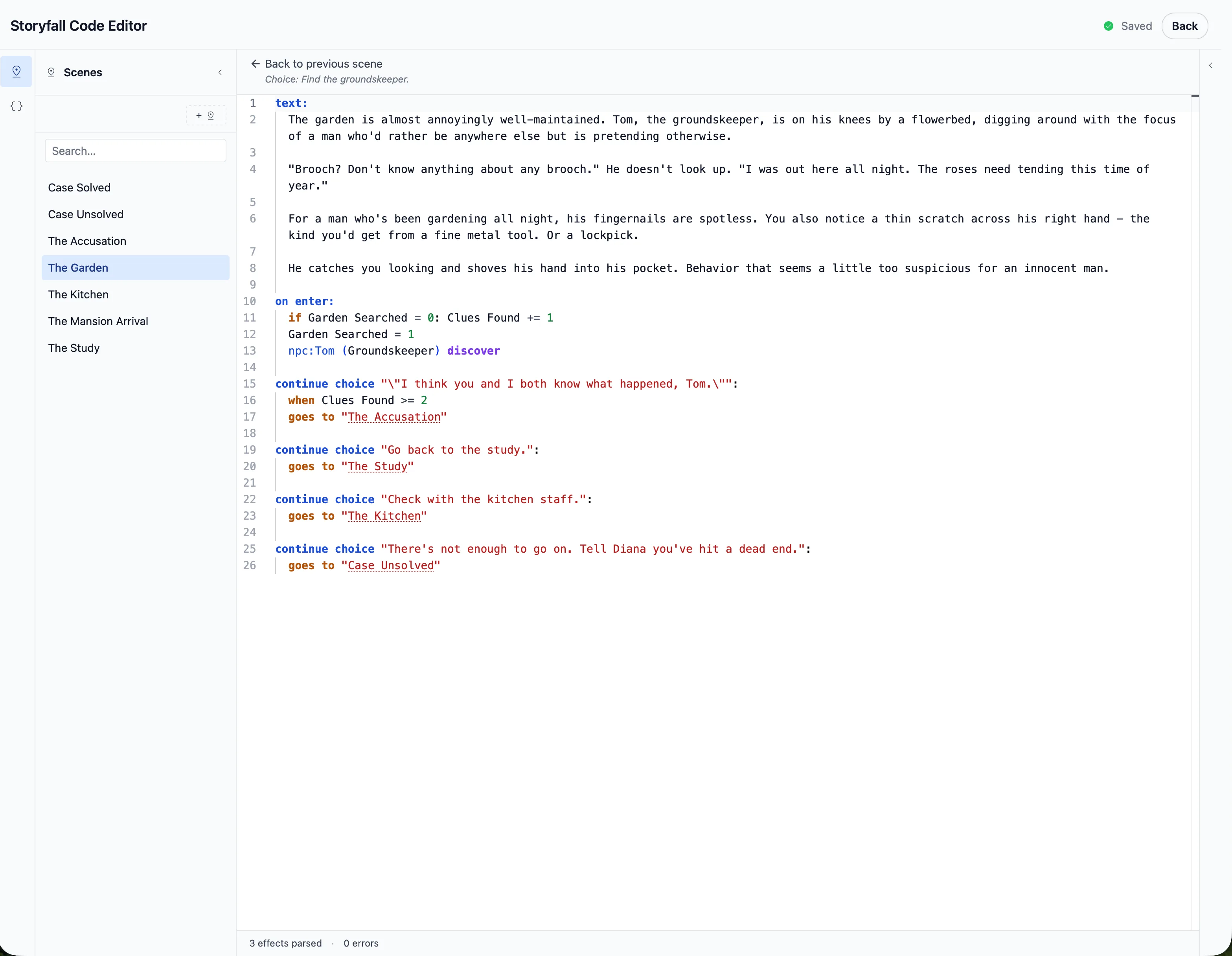 The Storyfall code editor with scene script syntax highlighting