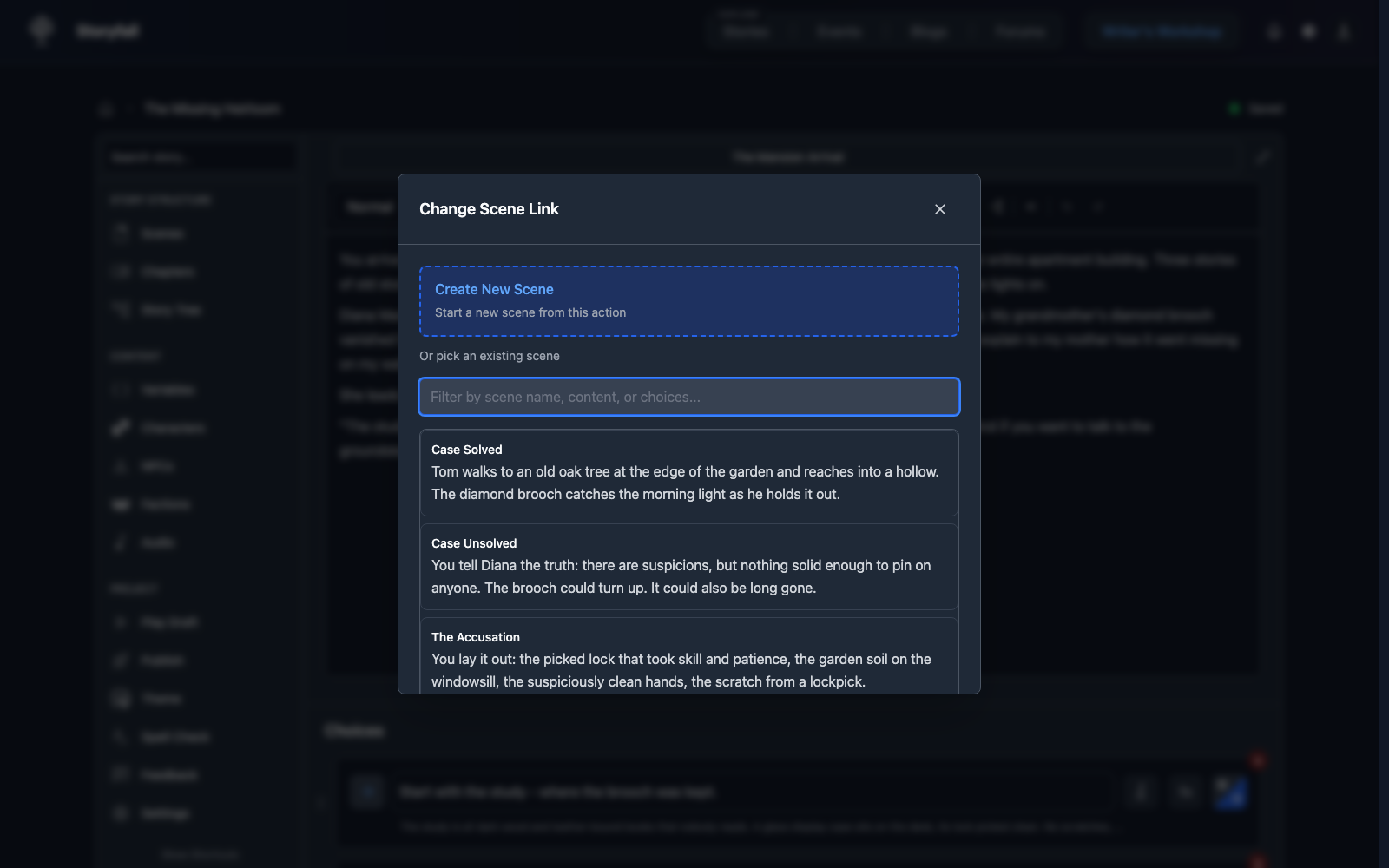 Scene link modal with the Create New Scene option