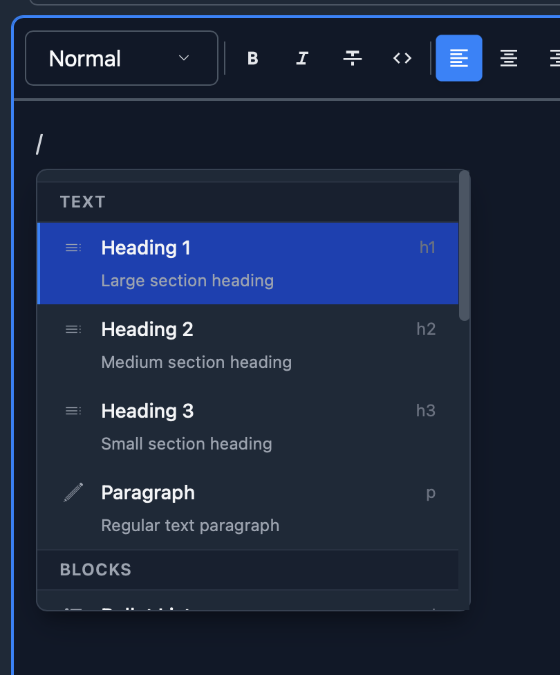 Slash command menu opened in the scene editor