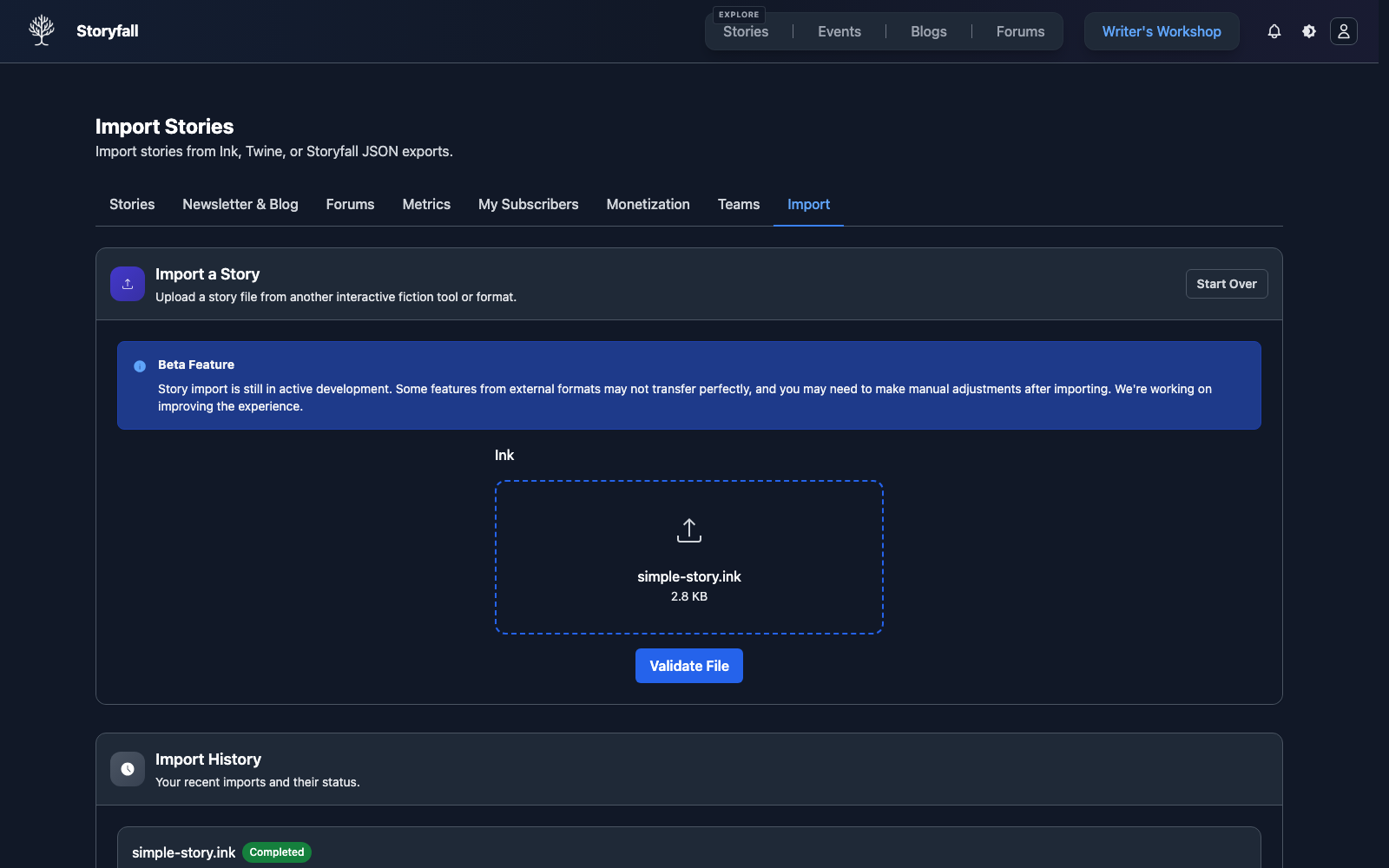 Ink file selected and ready for validation