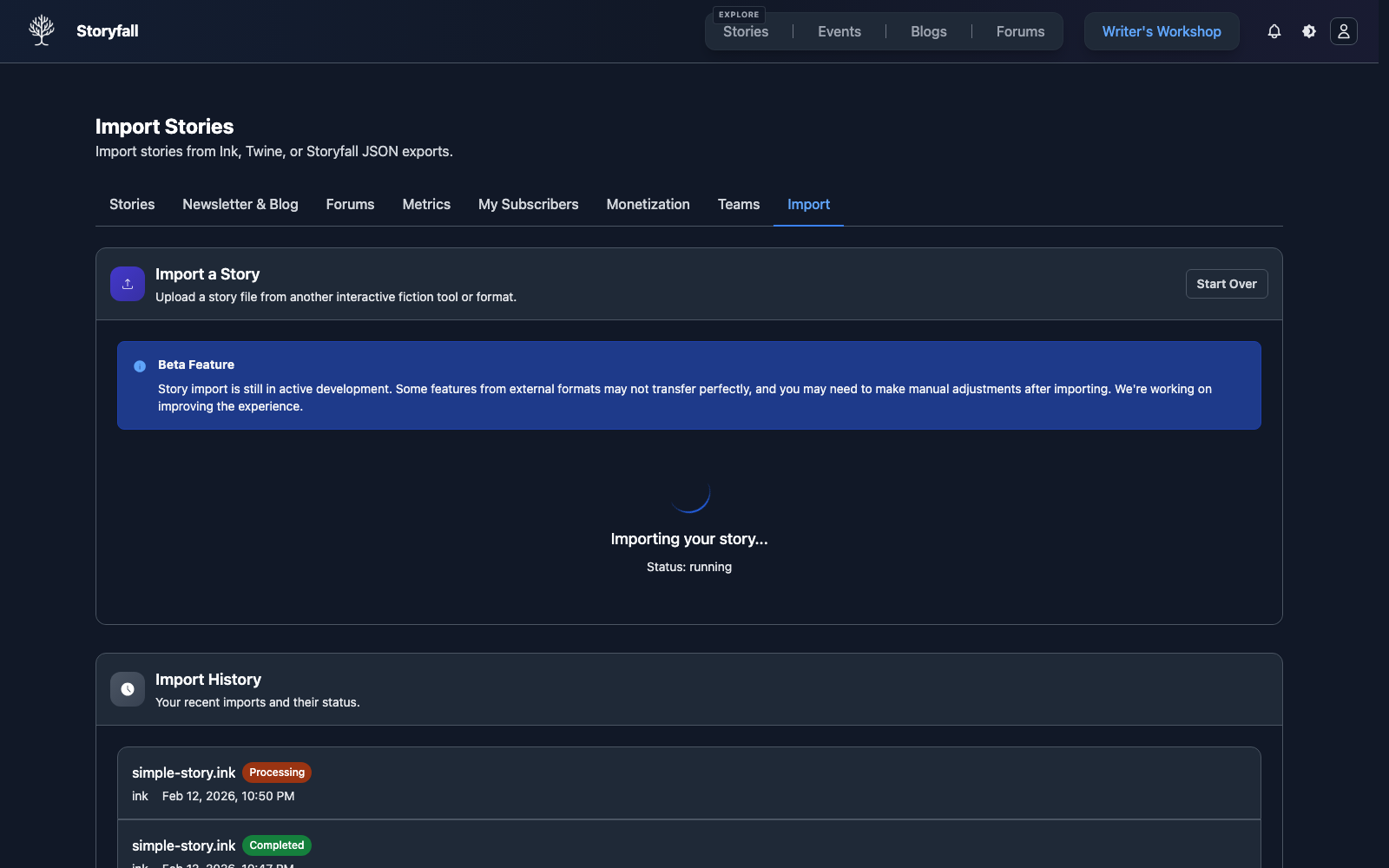 Import started with live status and import history updates