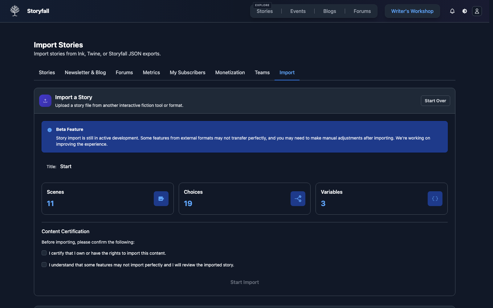Validation preview with detected title, stats, and certification checkboxes