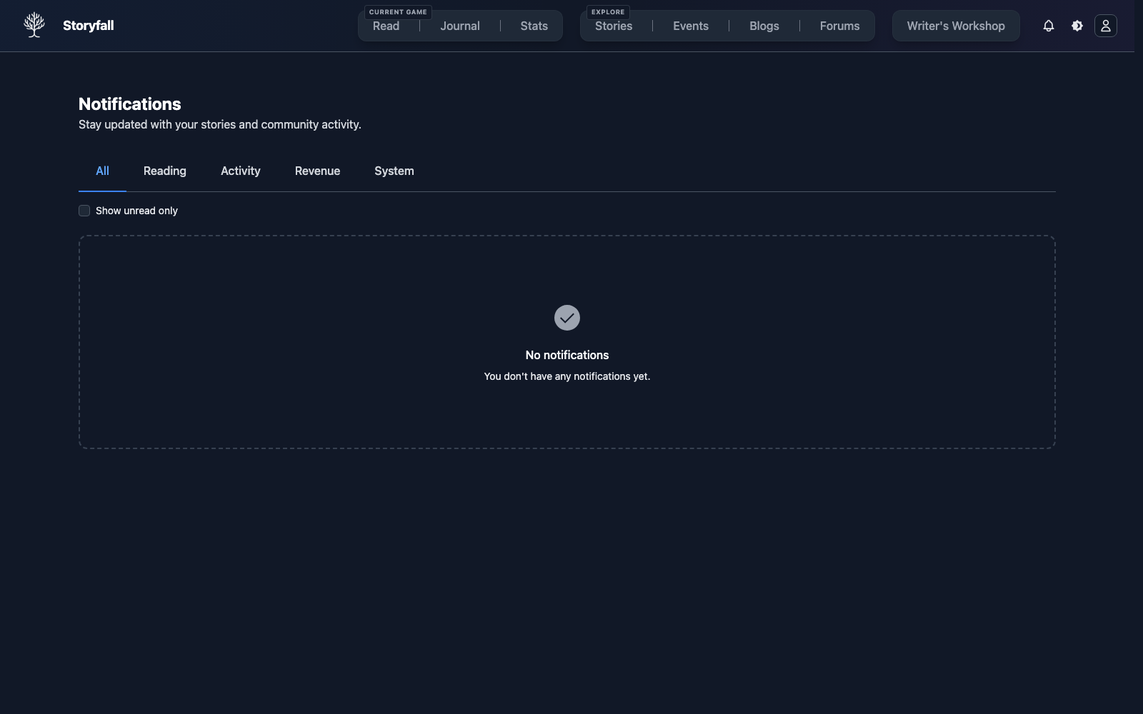 Notifications inbox page with category filters