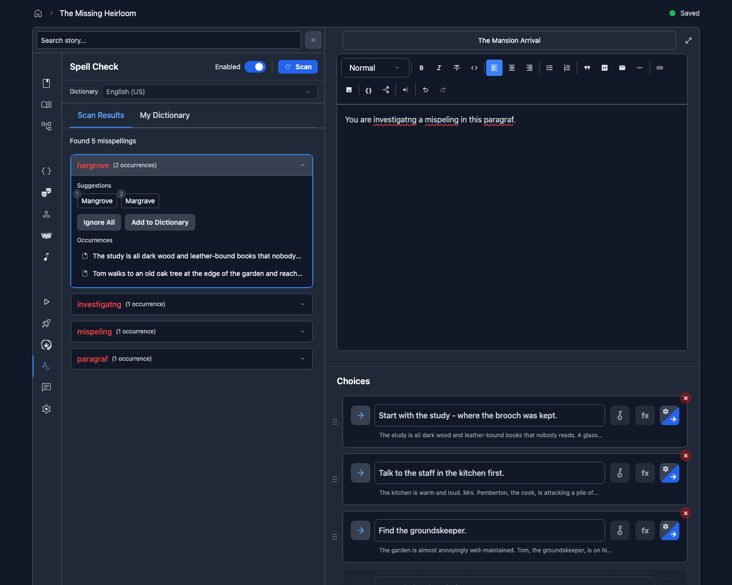Spell Check panel in full-height sidebar view