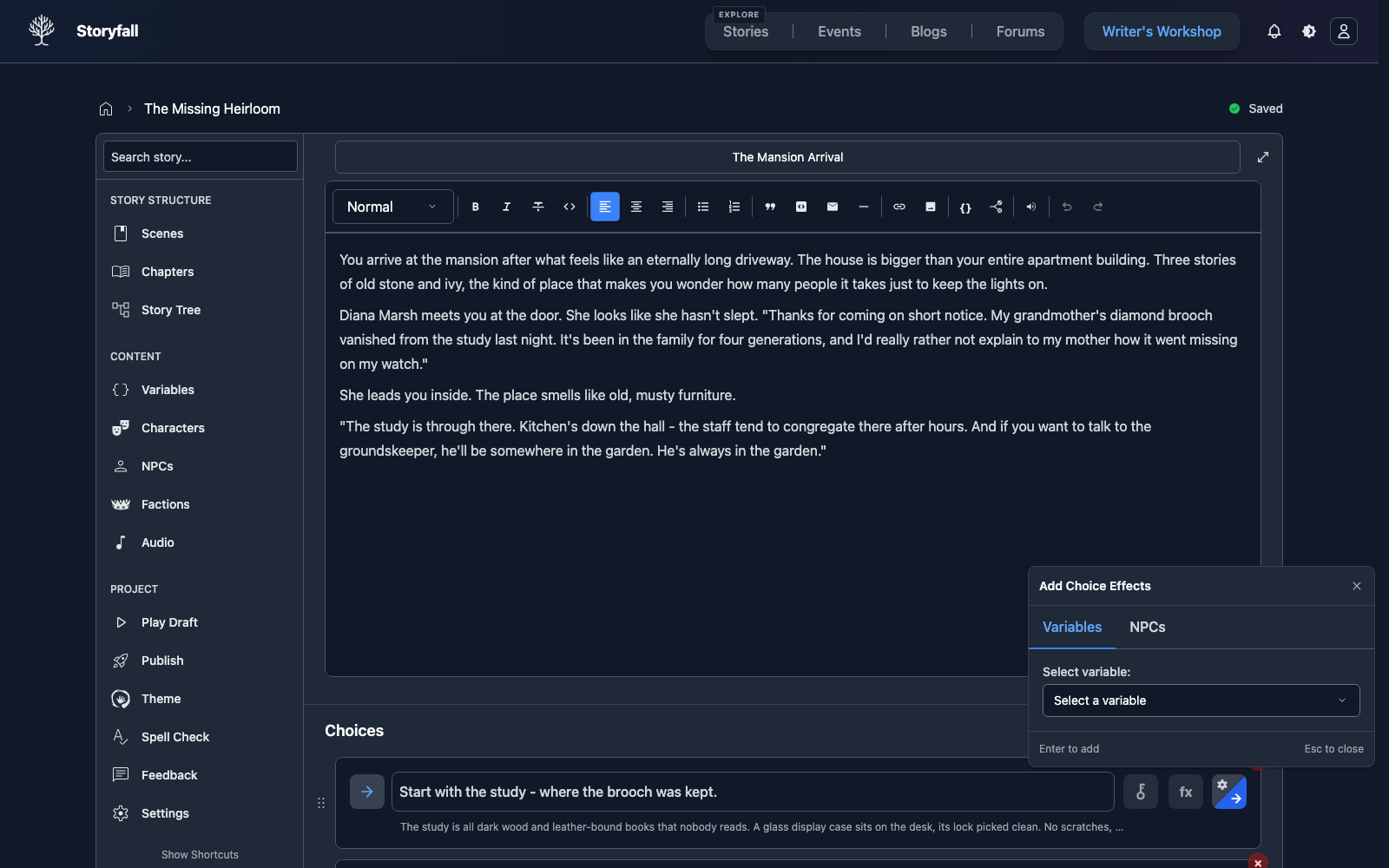 Choice effects panel for a tutorial scene