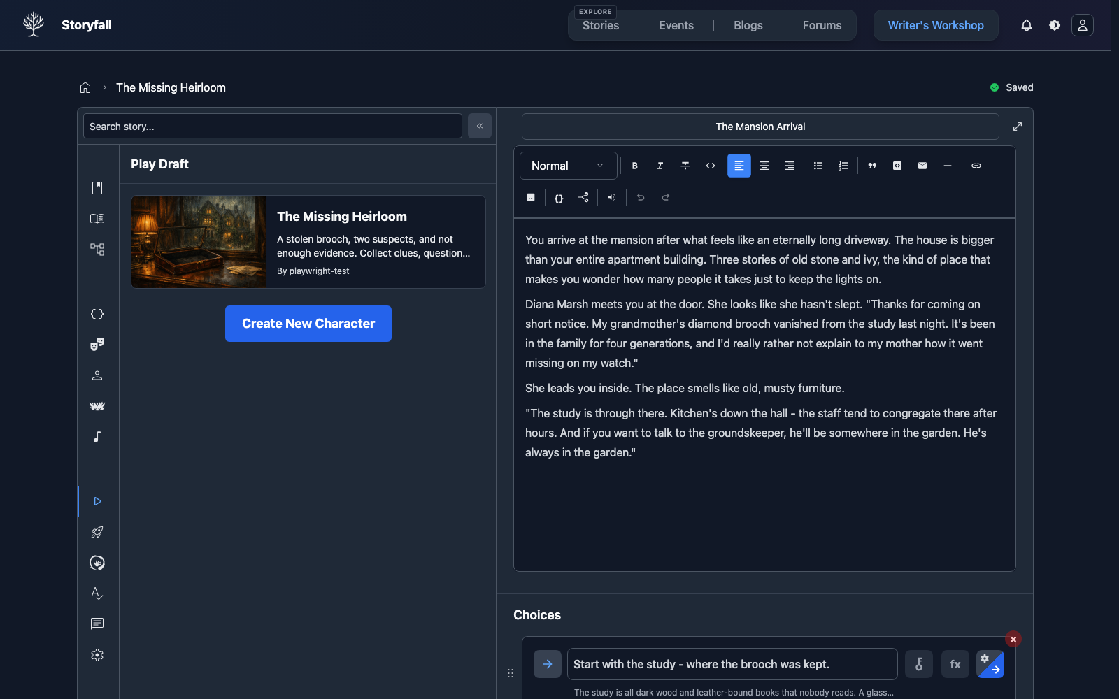 Play Draft panel for a tutorial story