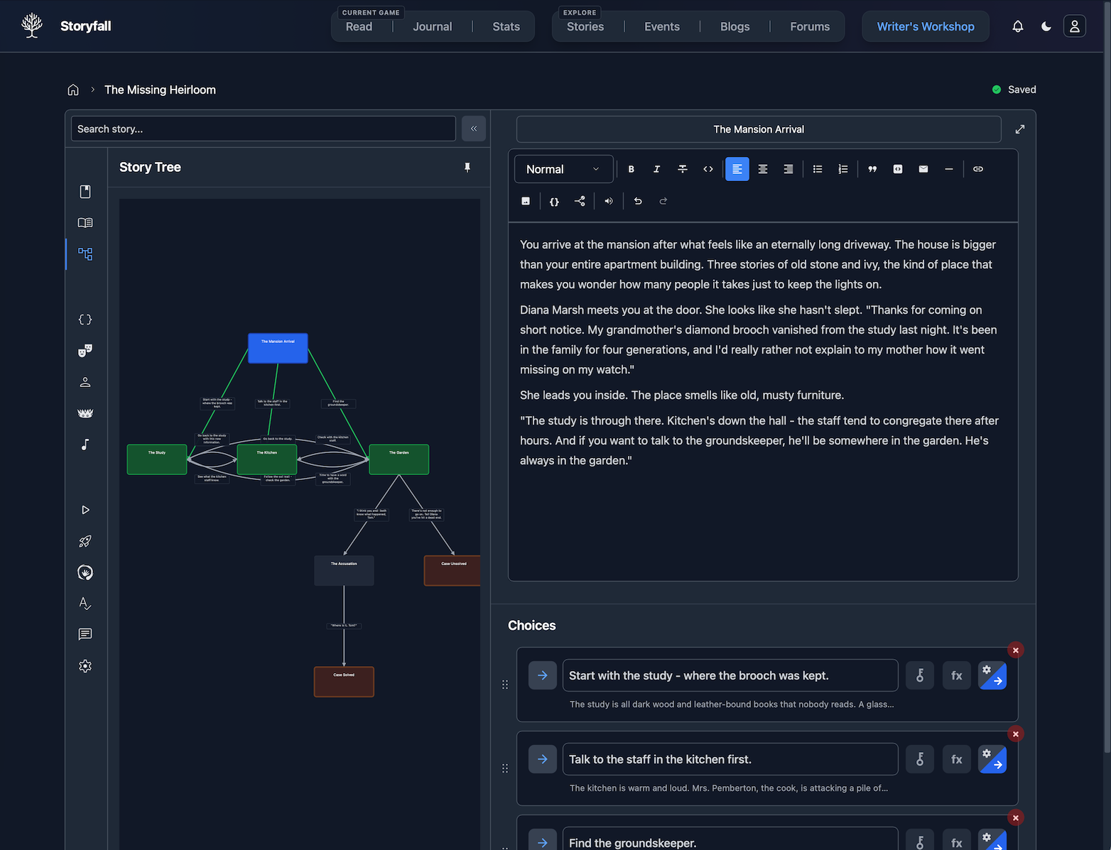Story Tree view for a tutorial story
