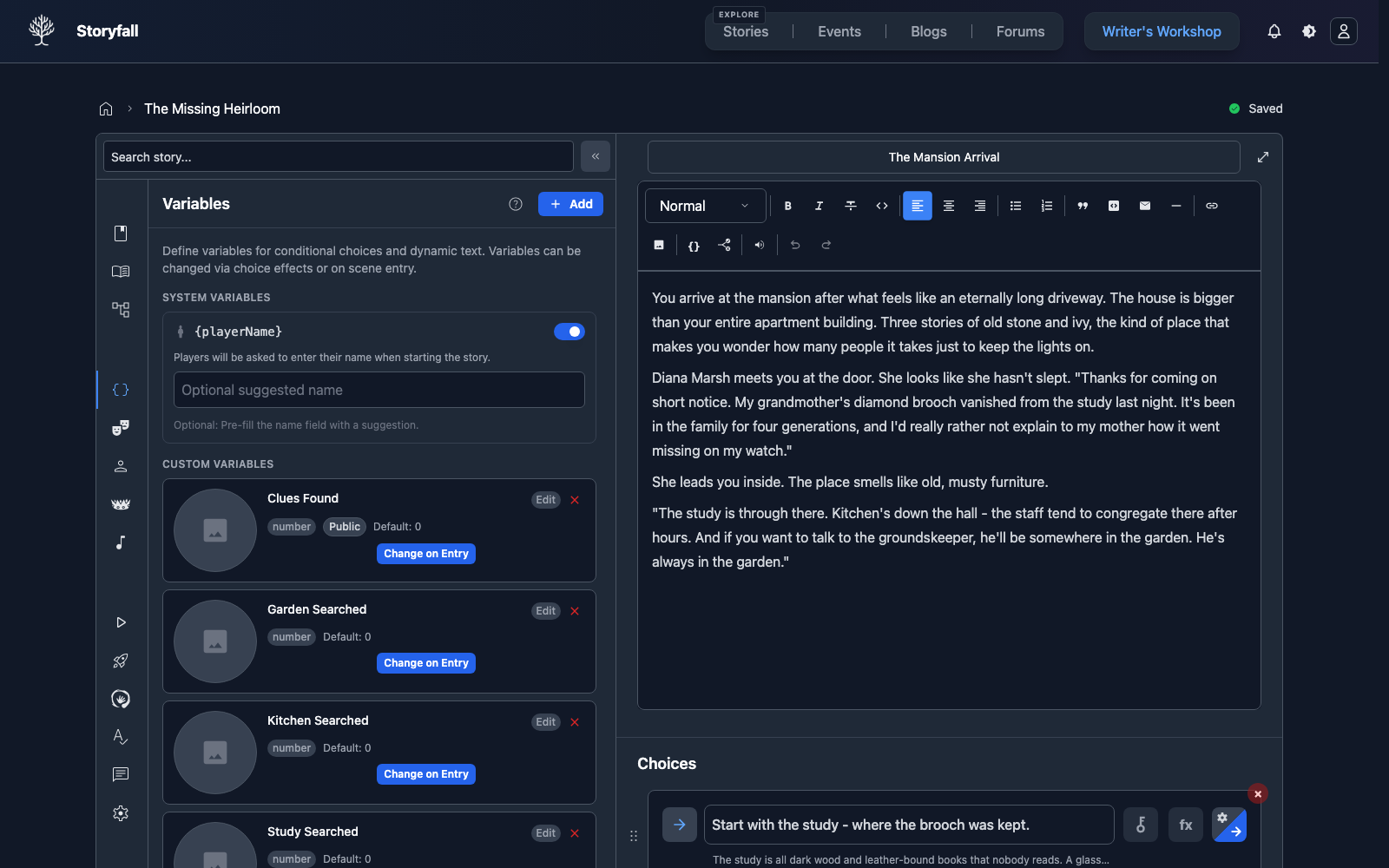 Variables panel in a tutorial story