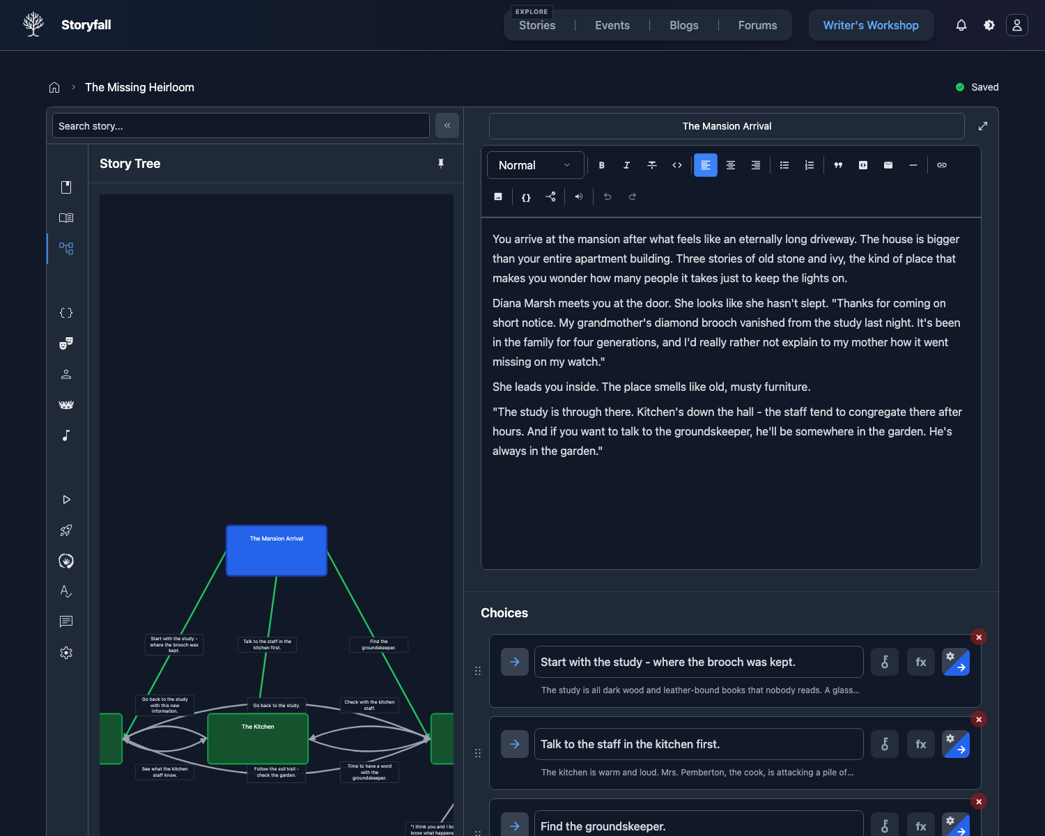 Story Tree panel open in the sidebar with full-height editor context