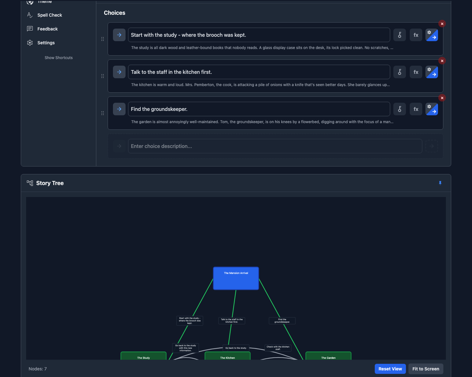 Pinned Story Tree expanded below the editor