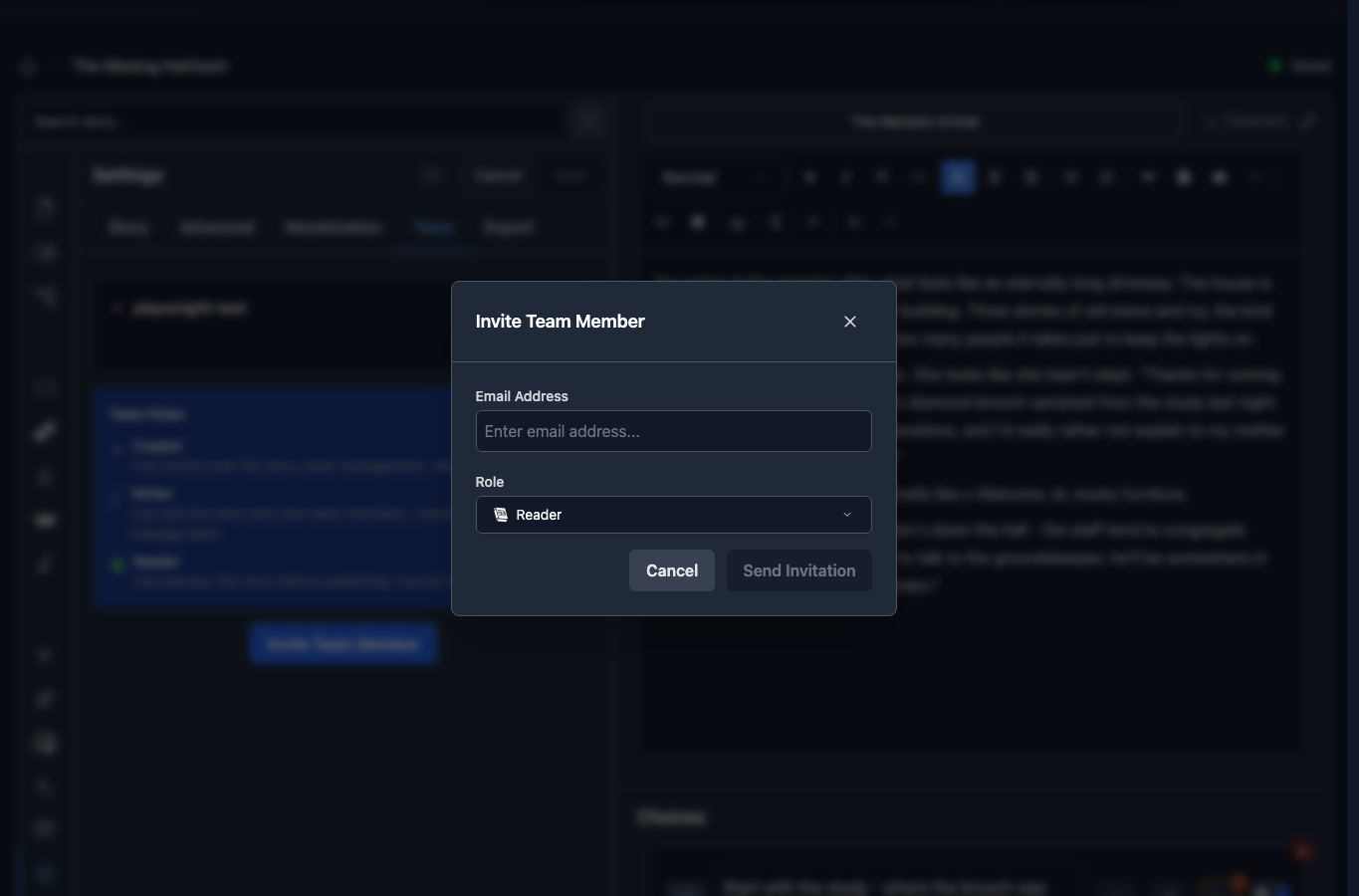 Invite Team Member modal with email and role selection