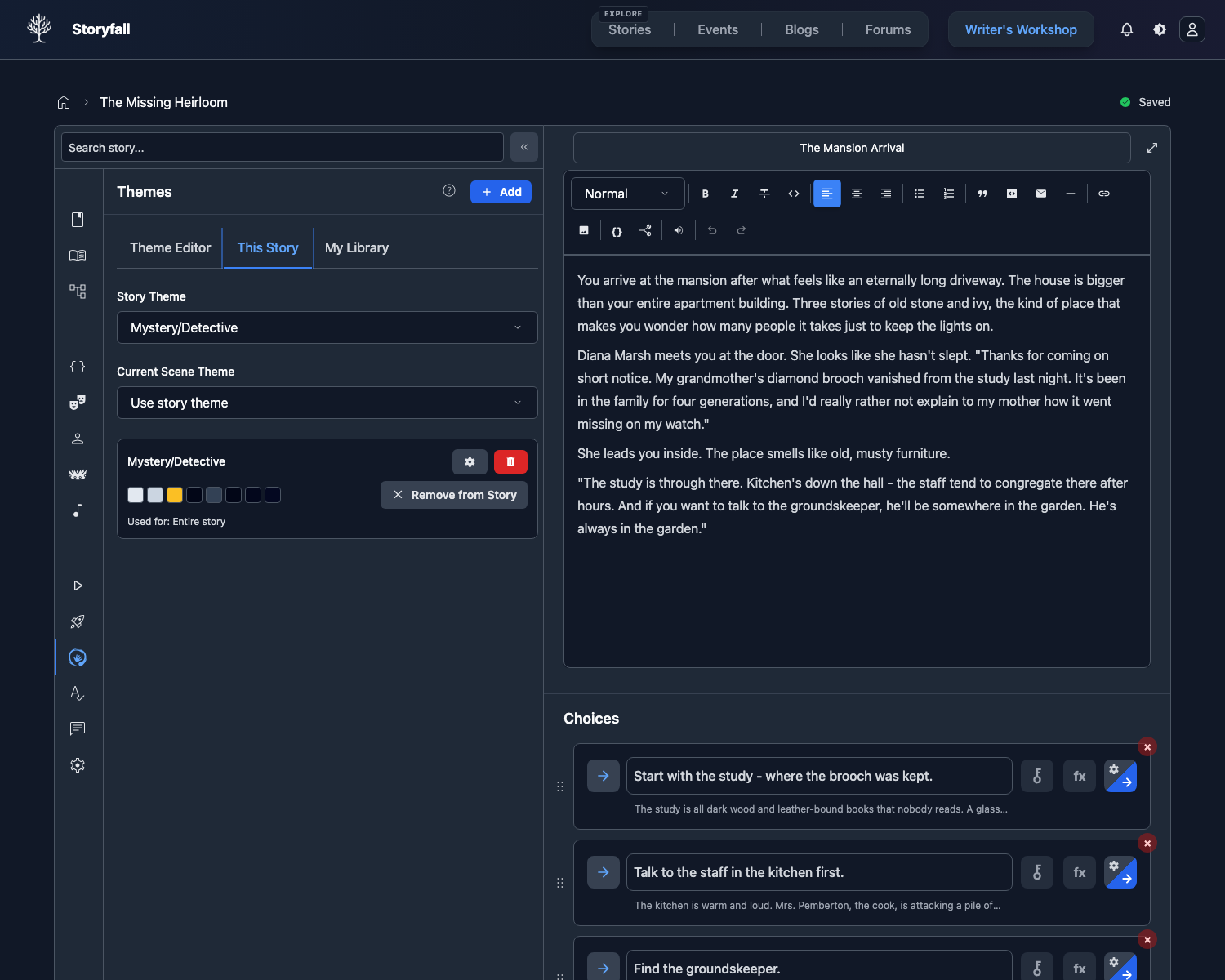 Theme panel This Story tab showing story-level and scene-level theme assignment
