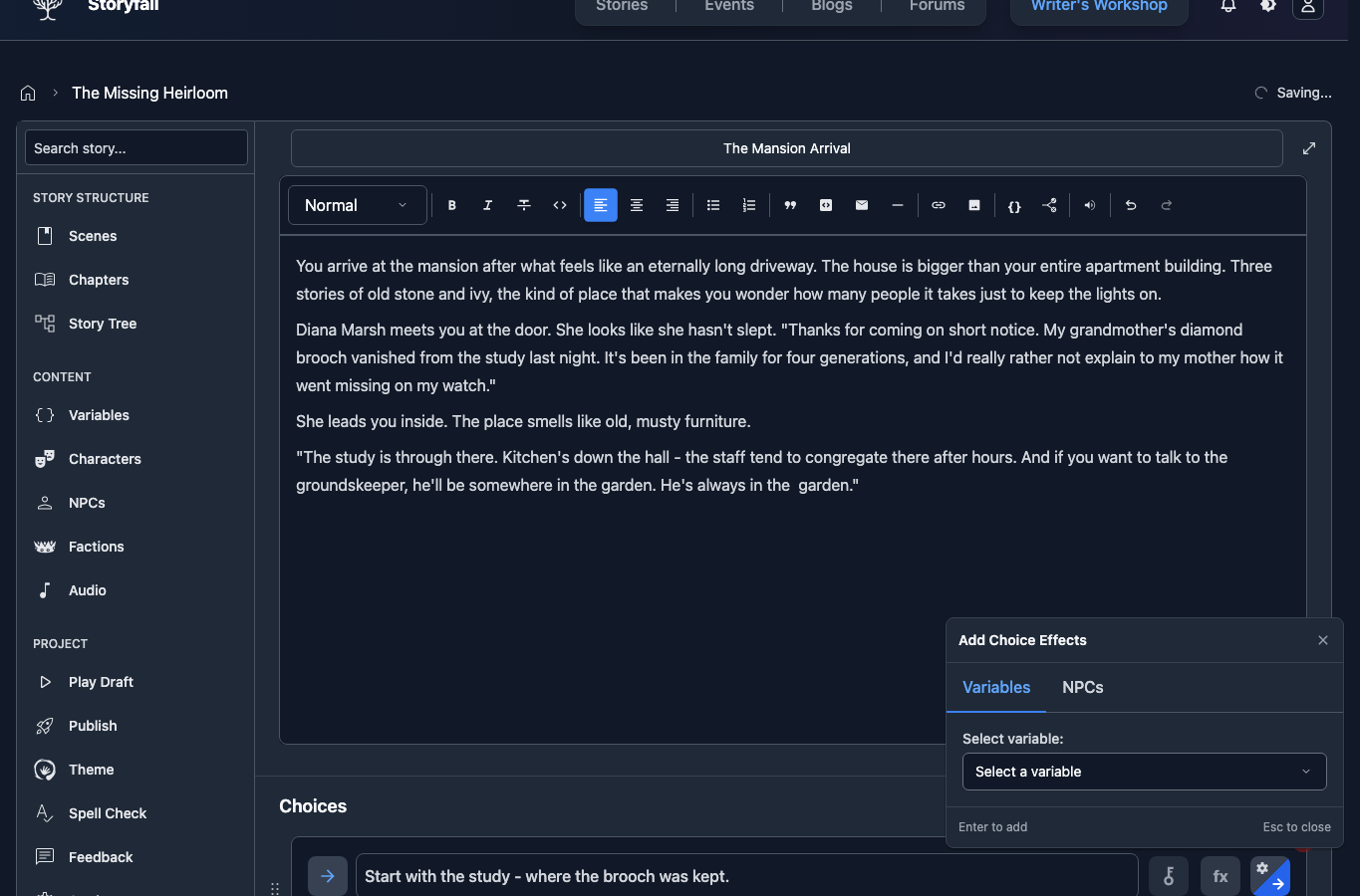 Choice effects panel opened from a choice row