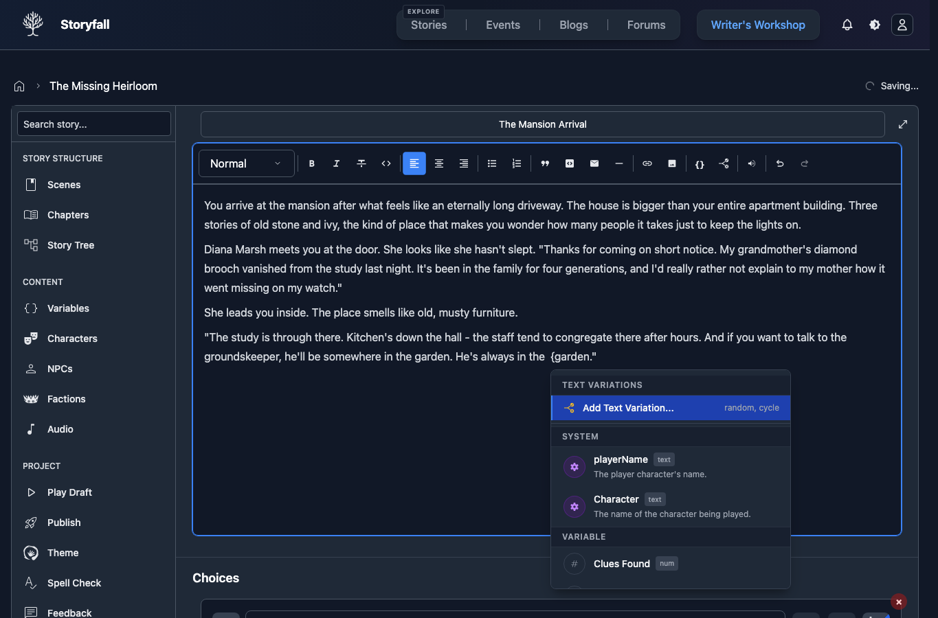 Variable insertion menu opened from the scene editor