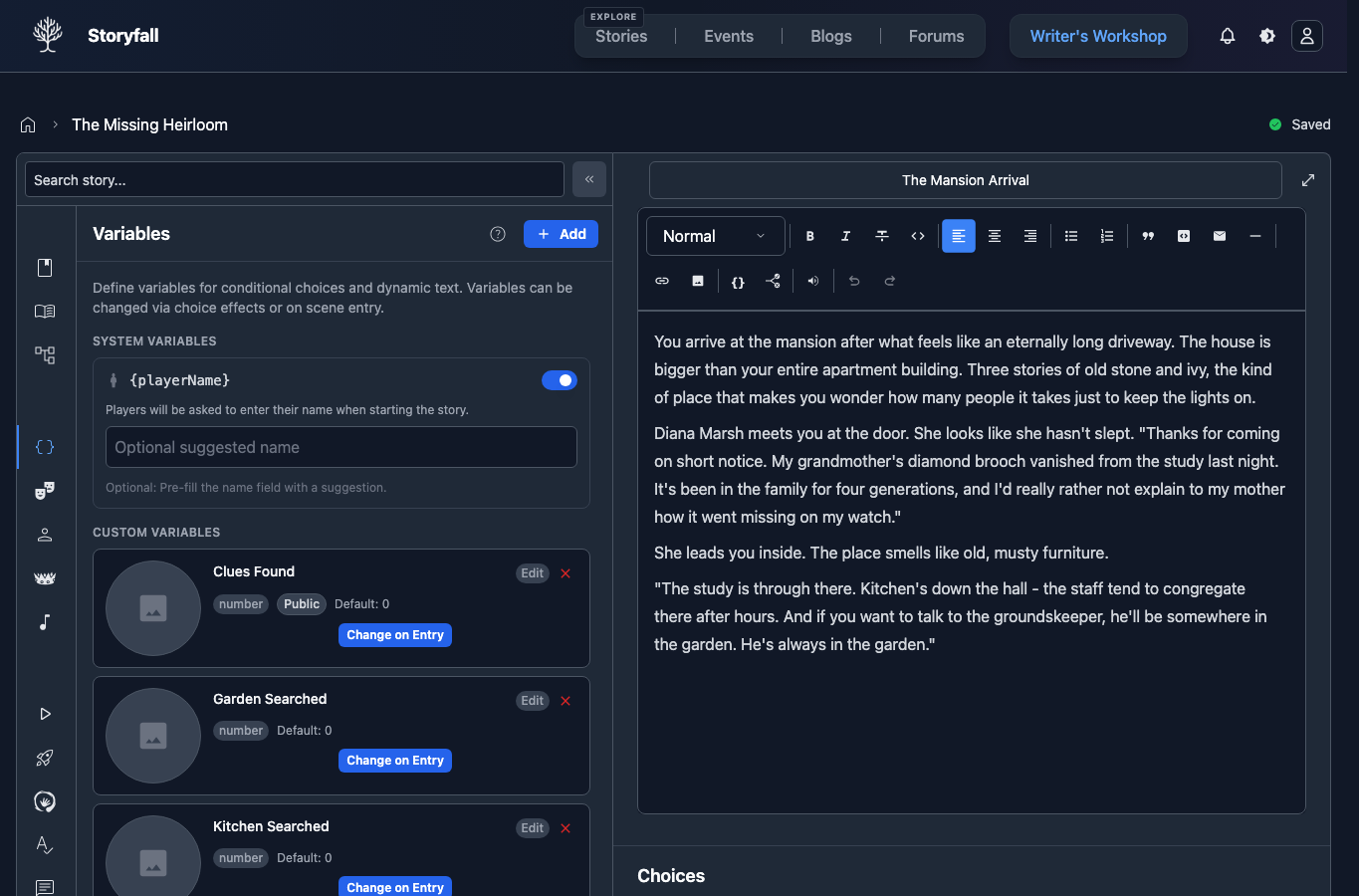 Variables panel in the story editor