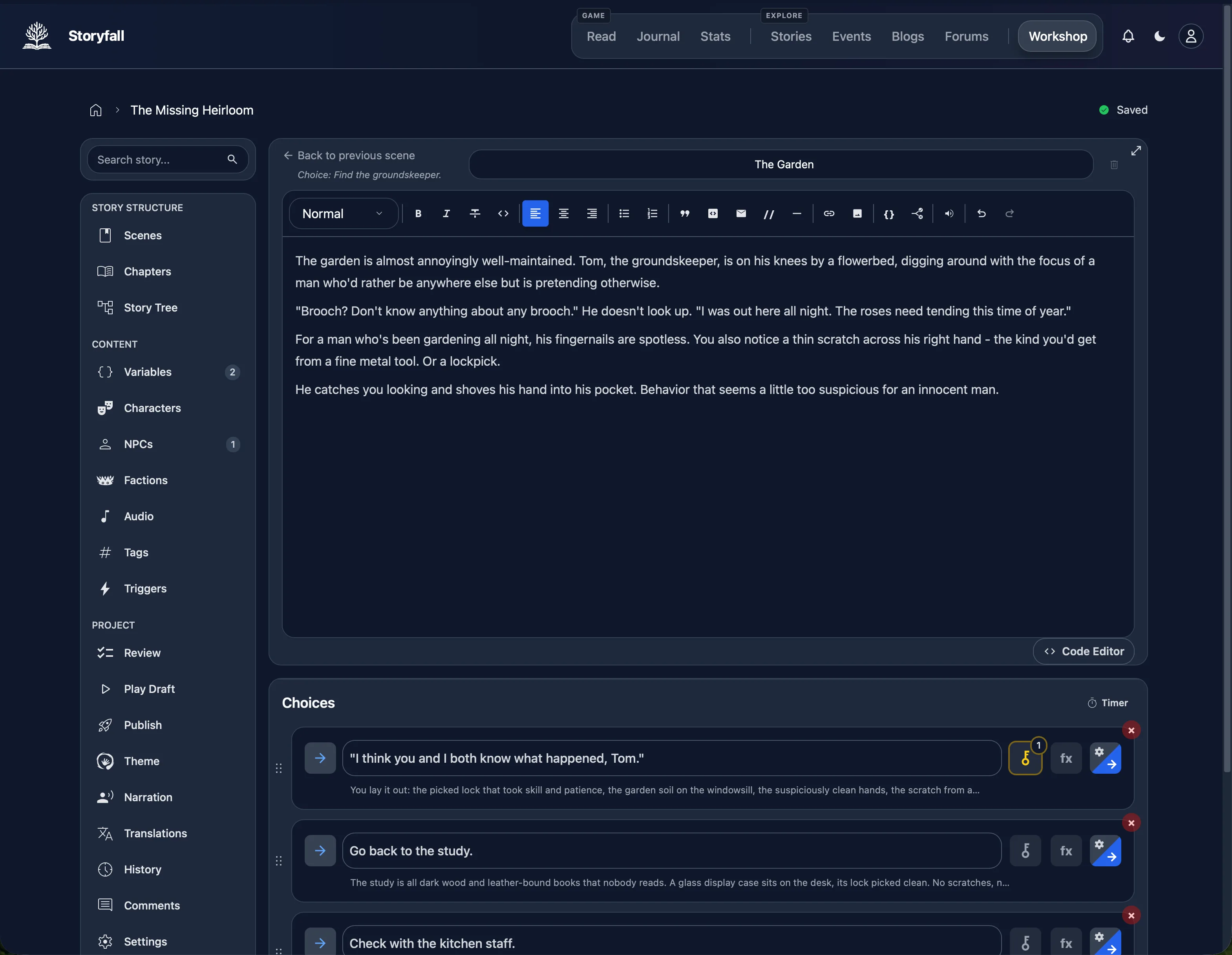 The Storyfall visual editor showing a scene and its choices