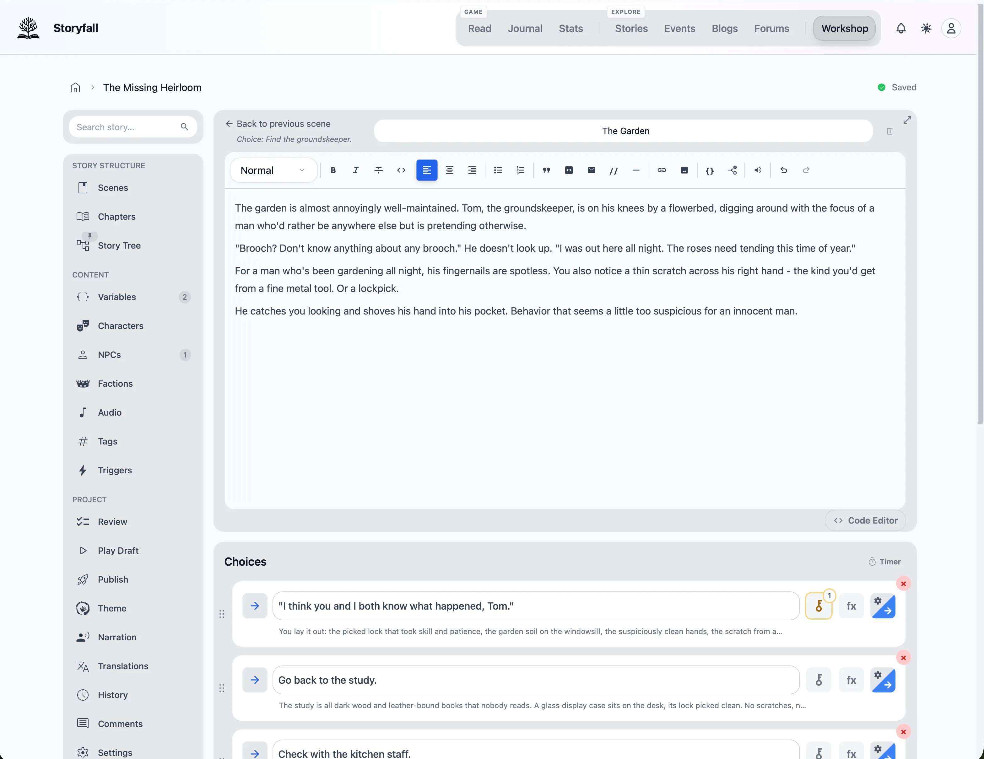 The Storyfall visual editor showing a scene and its choices